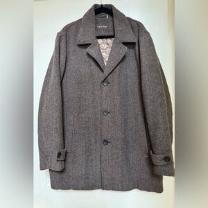 EUC Calvin Klein Mens Herringbone Tweed Wool Jacket Overcoat Lined Brown Gray 10